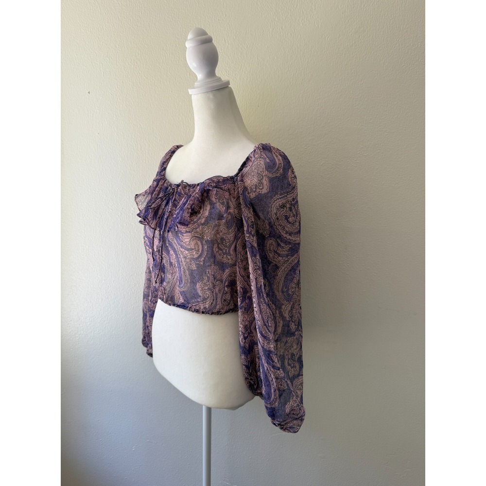 ZARA Womens S Sheer Paisley Crop Blouse Purple Pink Long Sleeve Boho Peasant Top - Picture 2 of 8